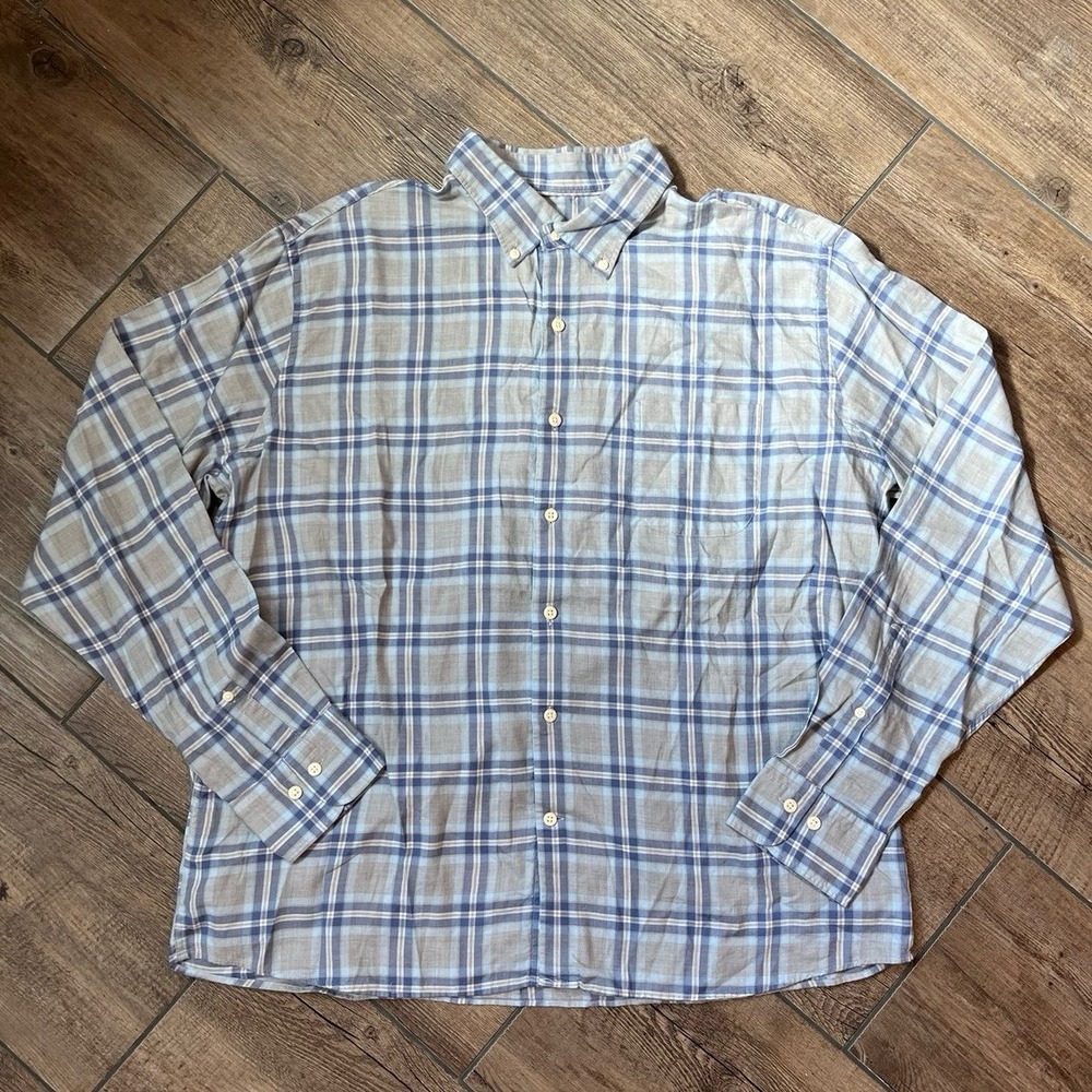 Peter Millar Blue & Gray Plaid 100% Cotton Long Sleeve Button Down Men's Size XL